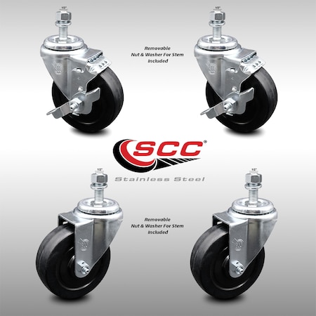 Service Caster 4 Inch SS Soft Rubber Wheel Swivel 1/2 Inch Threaded Stem Caster Brakes SCC, 2PK SCC-SSTS20S414-SRS-121315-2-TLB-2
